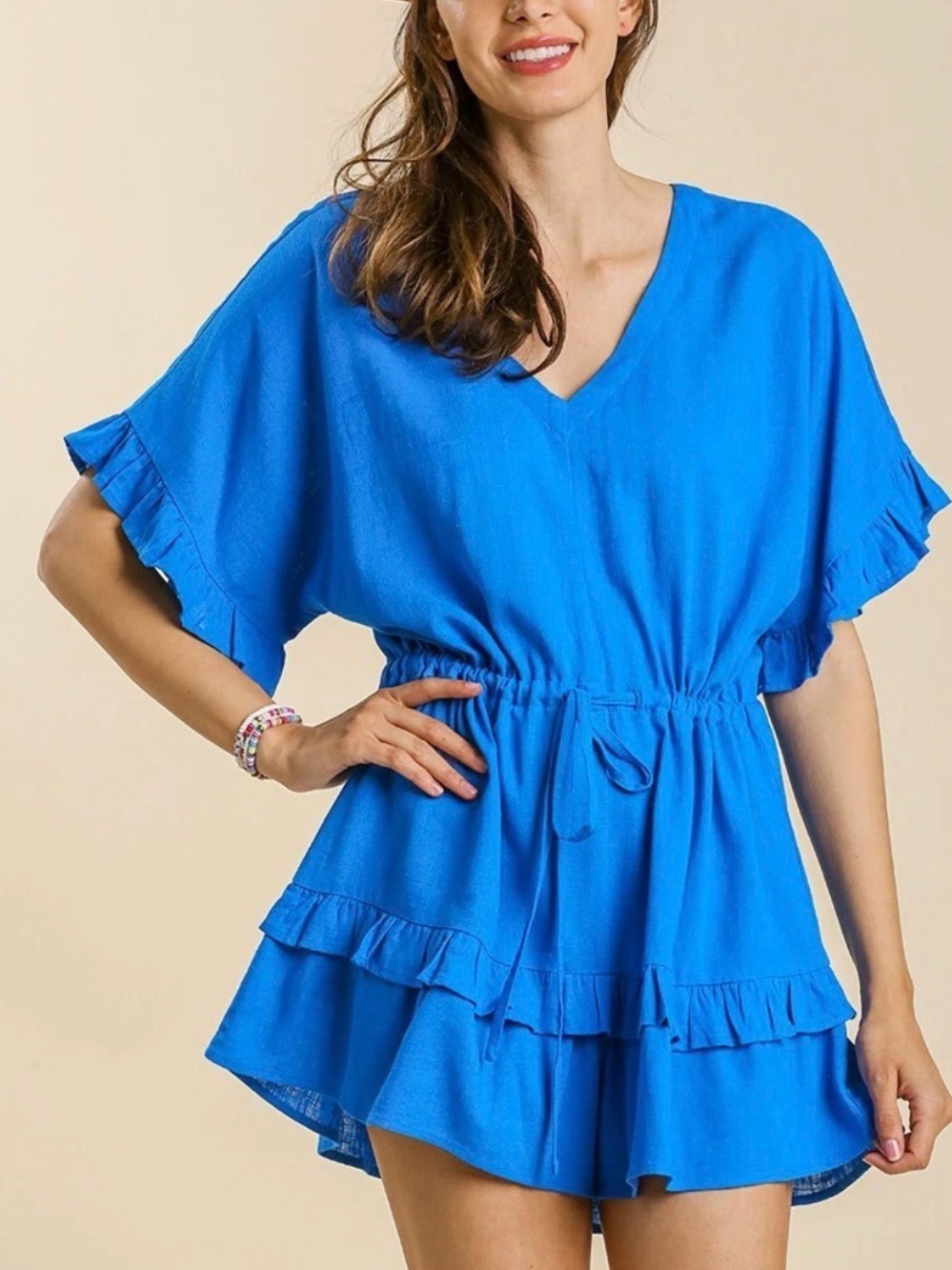 Umgee Linen Blend Cinch Waist Dolman Sleeve Romper